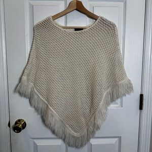 A.L.C. Cream Fringe Knit Poncho One Size Cozy Boho Sweater Cape Made in USA